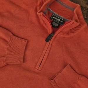 Eddie Bauer Pullover Sweater 1/4 Zip Knit Orange Cotton Cashmere Blend Men's‎ L